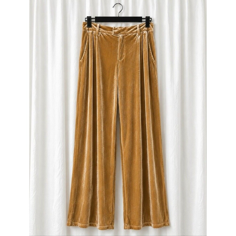 Molly Bracken Caramel Gold Velvet Pleated High Rise Wide Leg Elegant Trousers